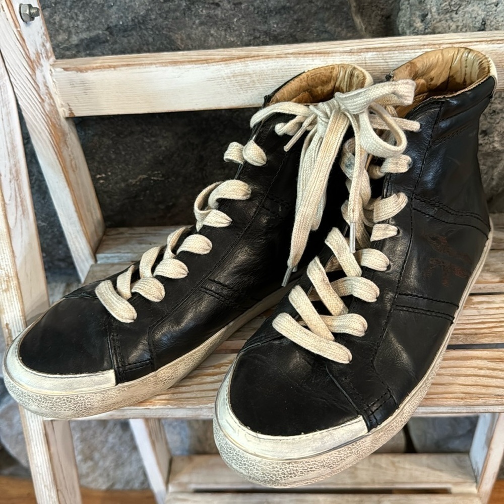 Frye Black Leather High-Top Sneakers with Cream Laces